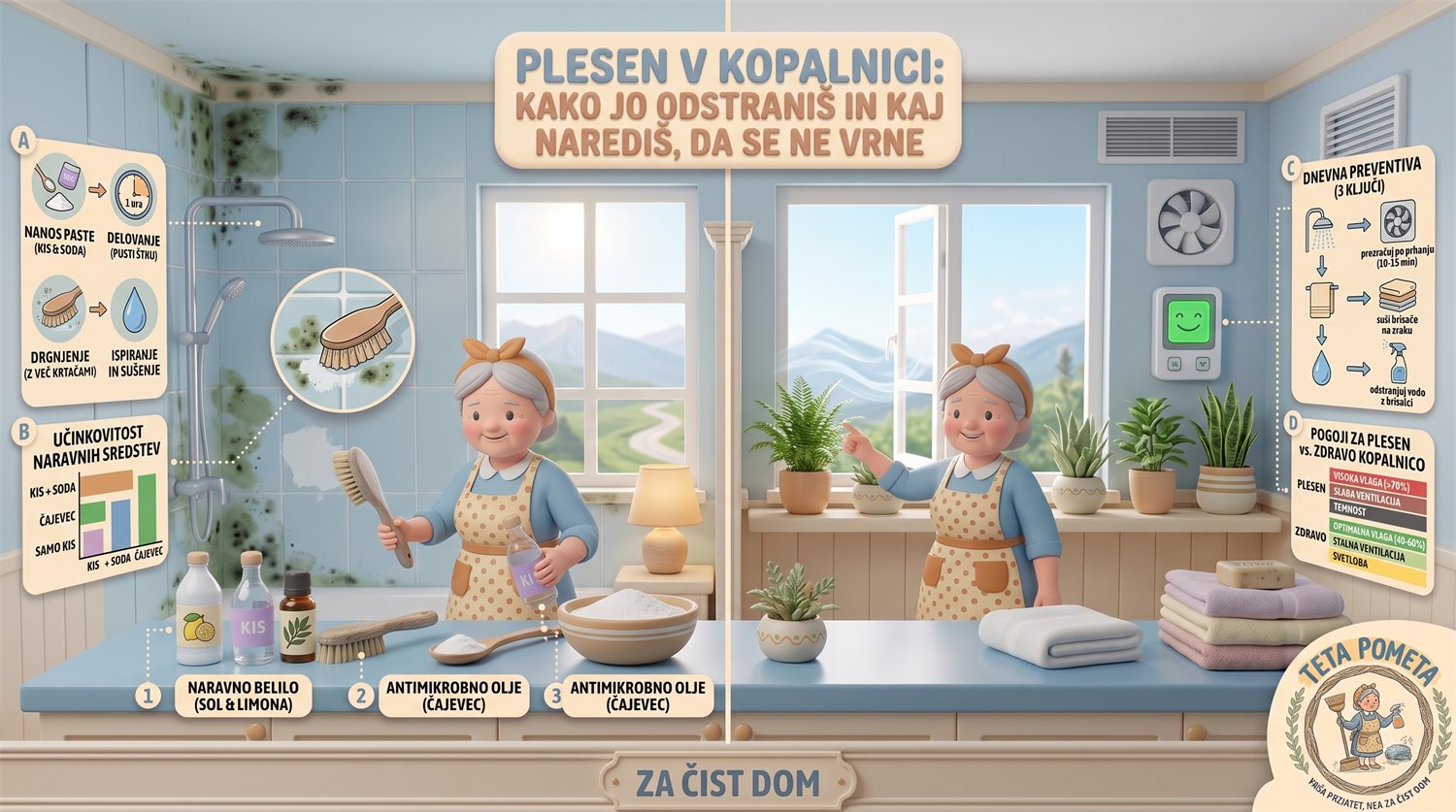 Infografika: Plesen v kopalnici: kako jo odstraniš in kaj naredi, da se ne vrne